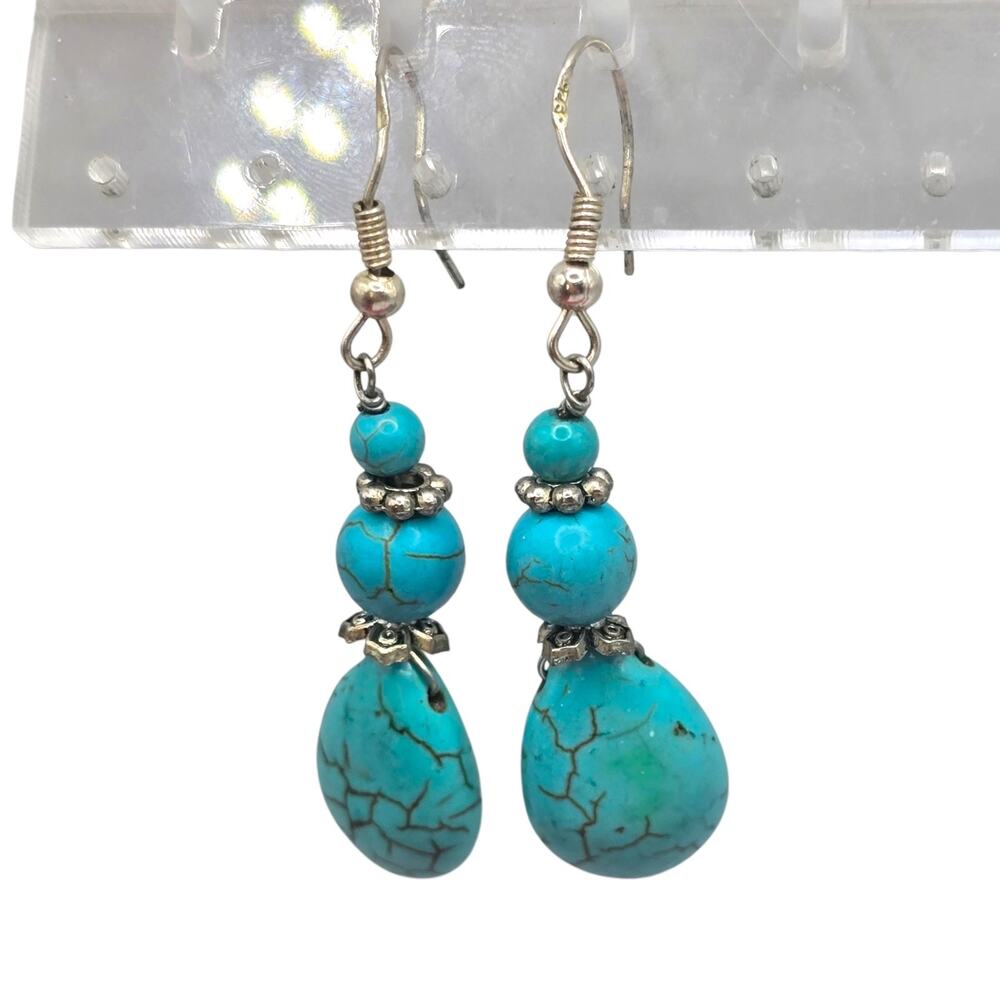 Earrings Sterling Turquoise Howlite Artisan Dangle Pierced Vintage SKU 3283
